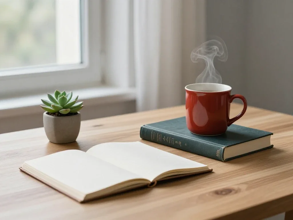 Coin lecture apaisant avec carnet ouvert, plante et tasse de thé sous une lumière naturelle.